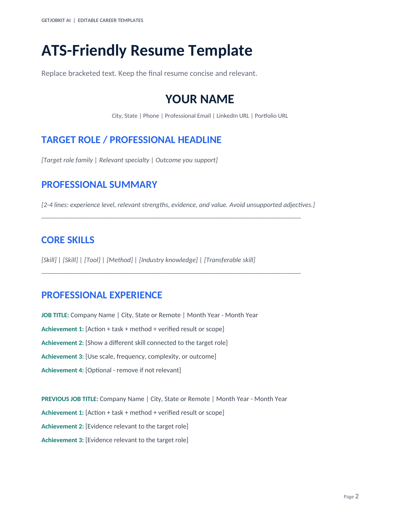 Editable ATS-friendly resume template preview